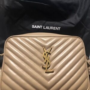 Saint Laurent Quilted Camera Crossbody with Gold YSL- Dark Beige